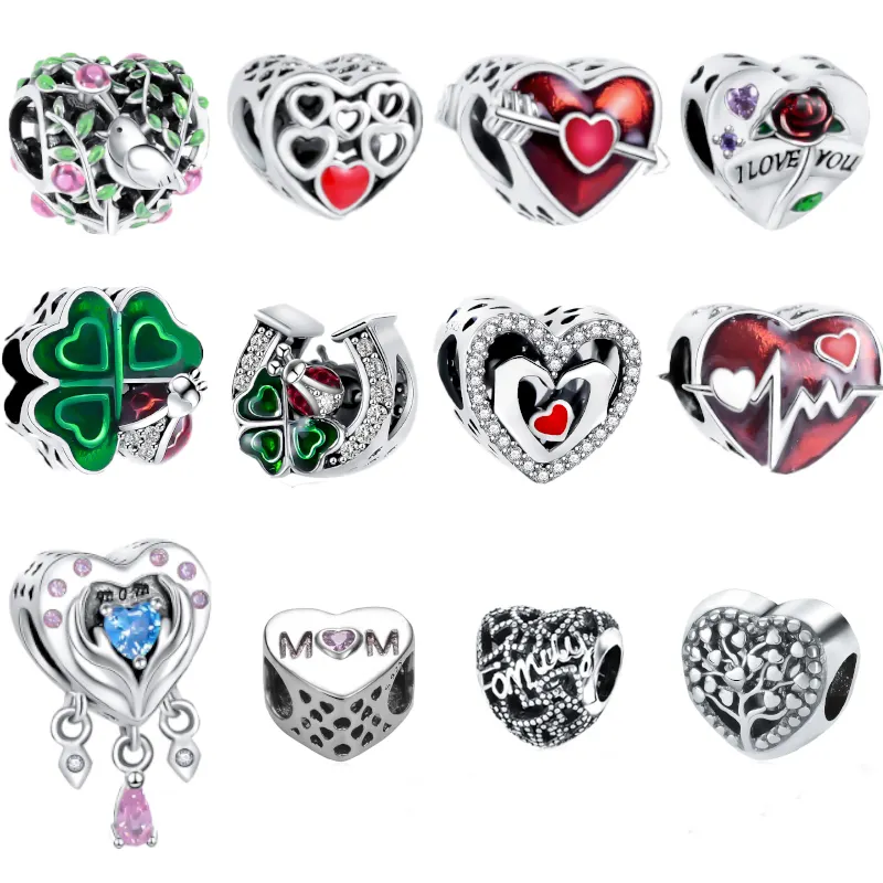 Nuovo prodotto all'ingrosso 925 sterling silver charm love heart bead lucky clover heartbeat charms per la creazione di braccialetti