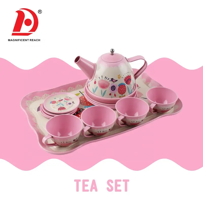 Tetera de agua rosa para bebé niña, Mini vajilla de metal de lujo, juego de mesa de cocina completo de China, juguete educativo de té de estaño para niños