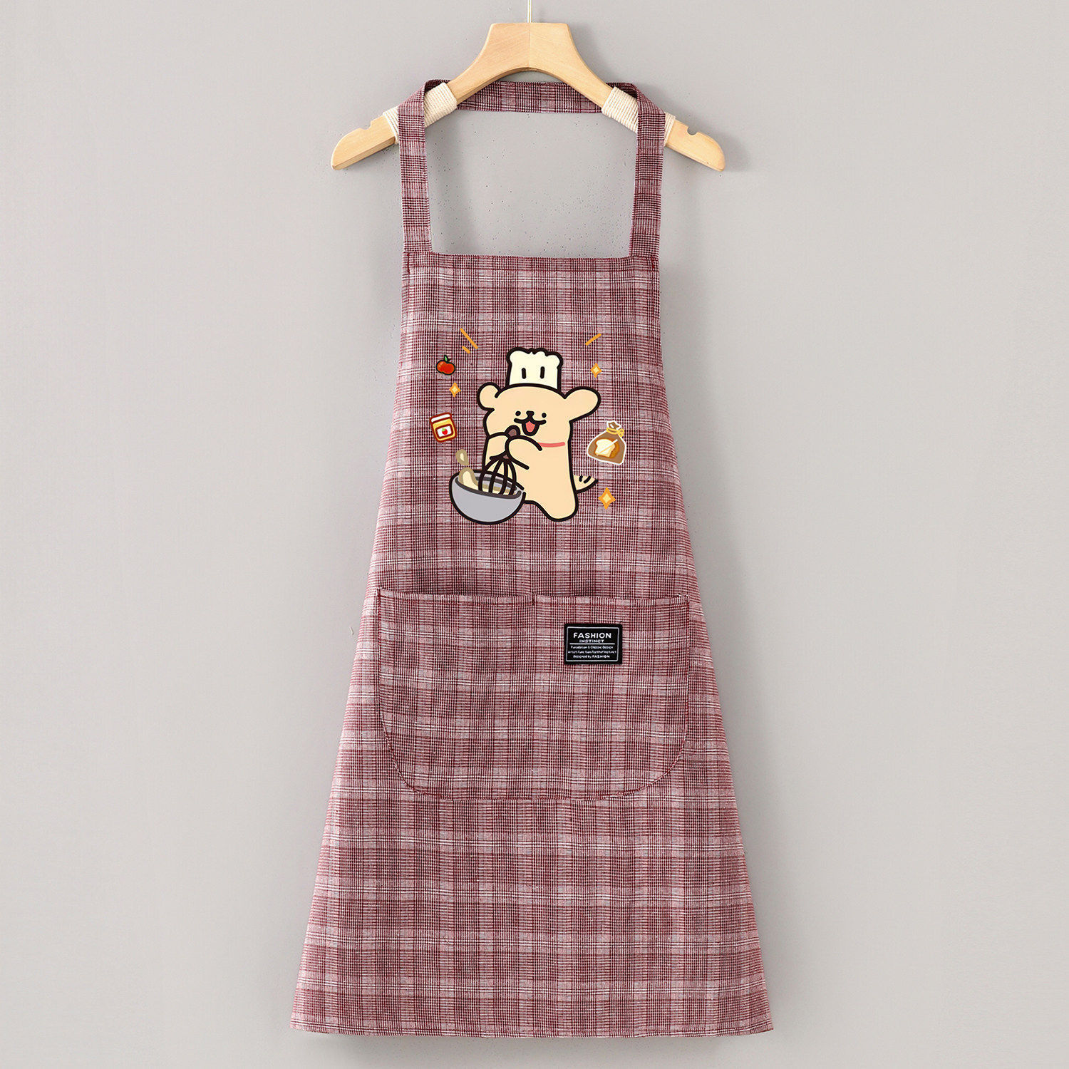 Cute Chef Bear Cotton Cloth Small Plaid Red Neck-Hanging