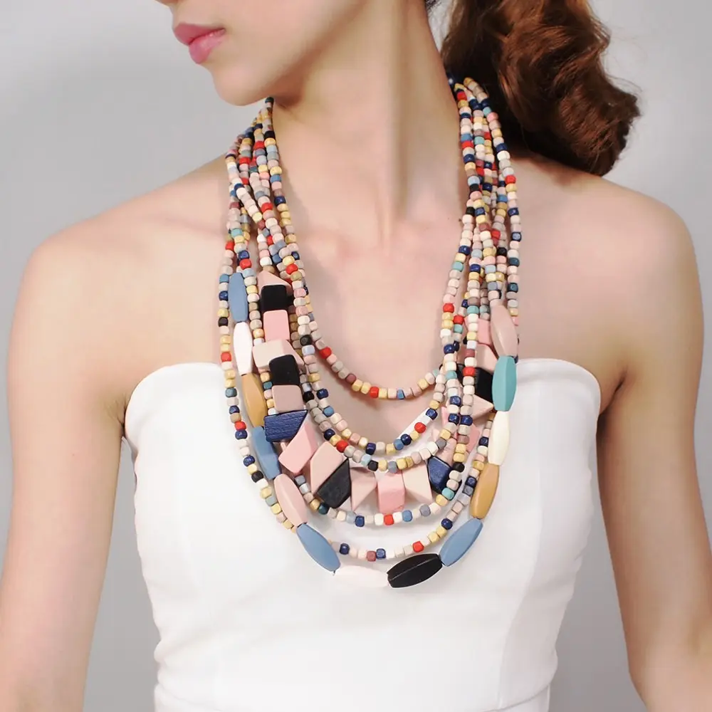 Luce coraggiosa bohémien fatto a mano multistrato in legno di perline collane per donne dichiarazione collana lunga gioielli all'ingrosso