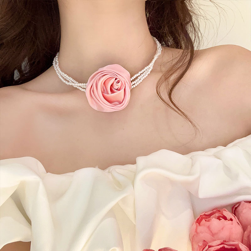 สร้อยคอไข่มุกสามชั้นดอกคามิเลียสีชมพู-gd164