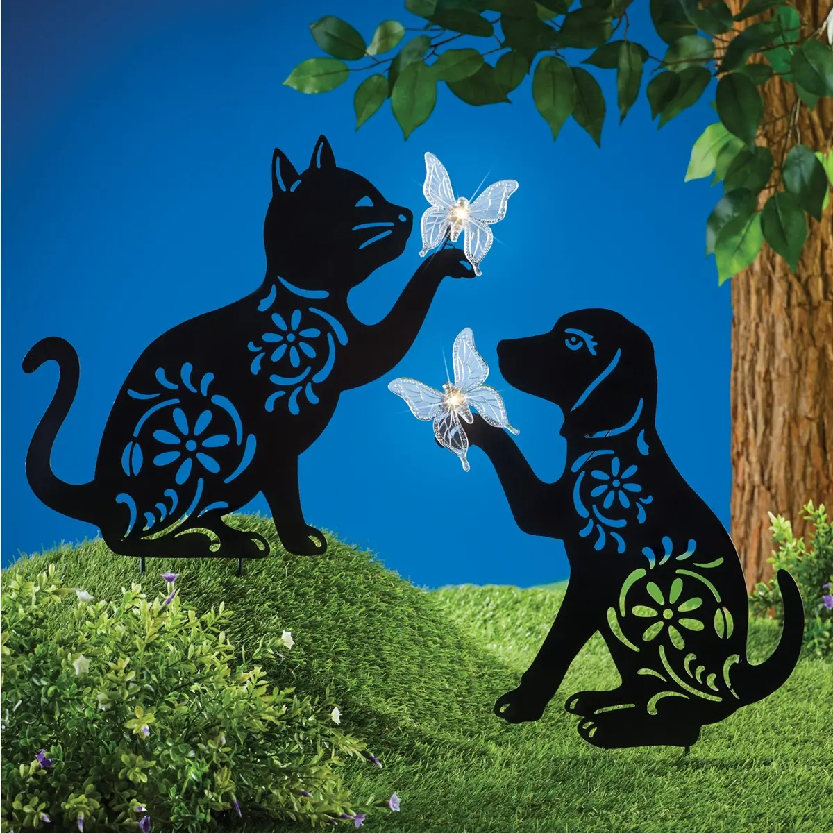 Metal Animal Cat Silhouette Garden Solar Powered Stake Lights Playing Butterfly on Paw Yard Decoration