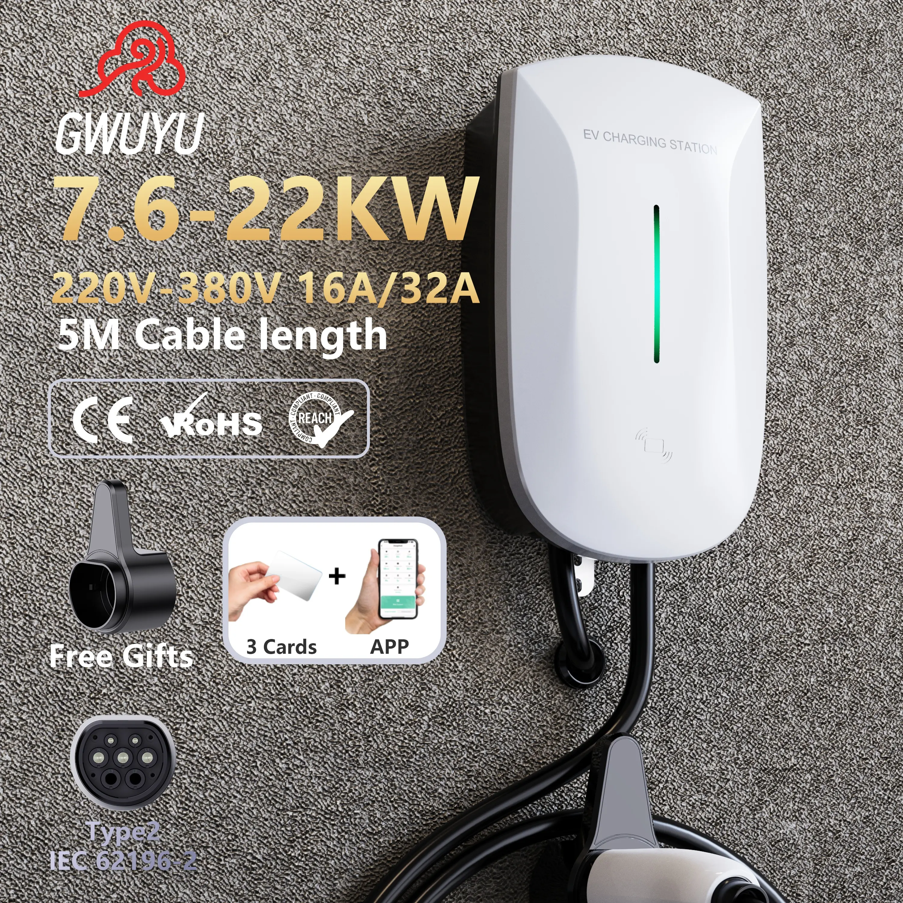 GWUYU Estaciones montadas en la pared 7kw EV Cargador 32A Wifi APP Vehículo Carga eléctrica Hogar Coche Cargador 22kW Wallbox