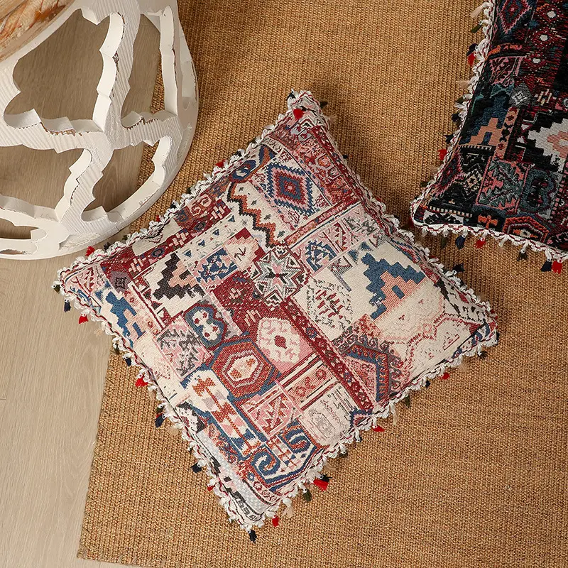 Boho sarung bantal dekorasi Sofa 18x18, sarung bantal lempar Jacquard pola geometris dua sisi dengan rumbai