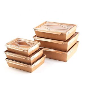 定制标志印刷一次性牛皮纸食品容器带宠物盖矩形沙拉盒带2室分隔室 - Product Image 1