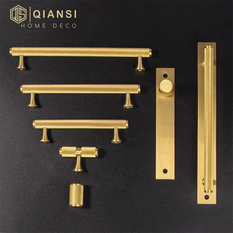 Qiansi-herrajes decorativos modernos para muebles, tiradores moleteados dorados de latón para puertas de armarios, color negro, venta al por mayor, HK0052
