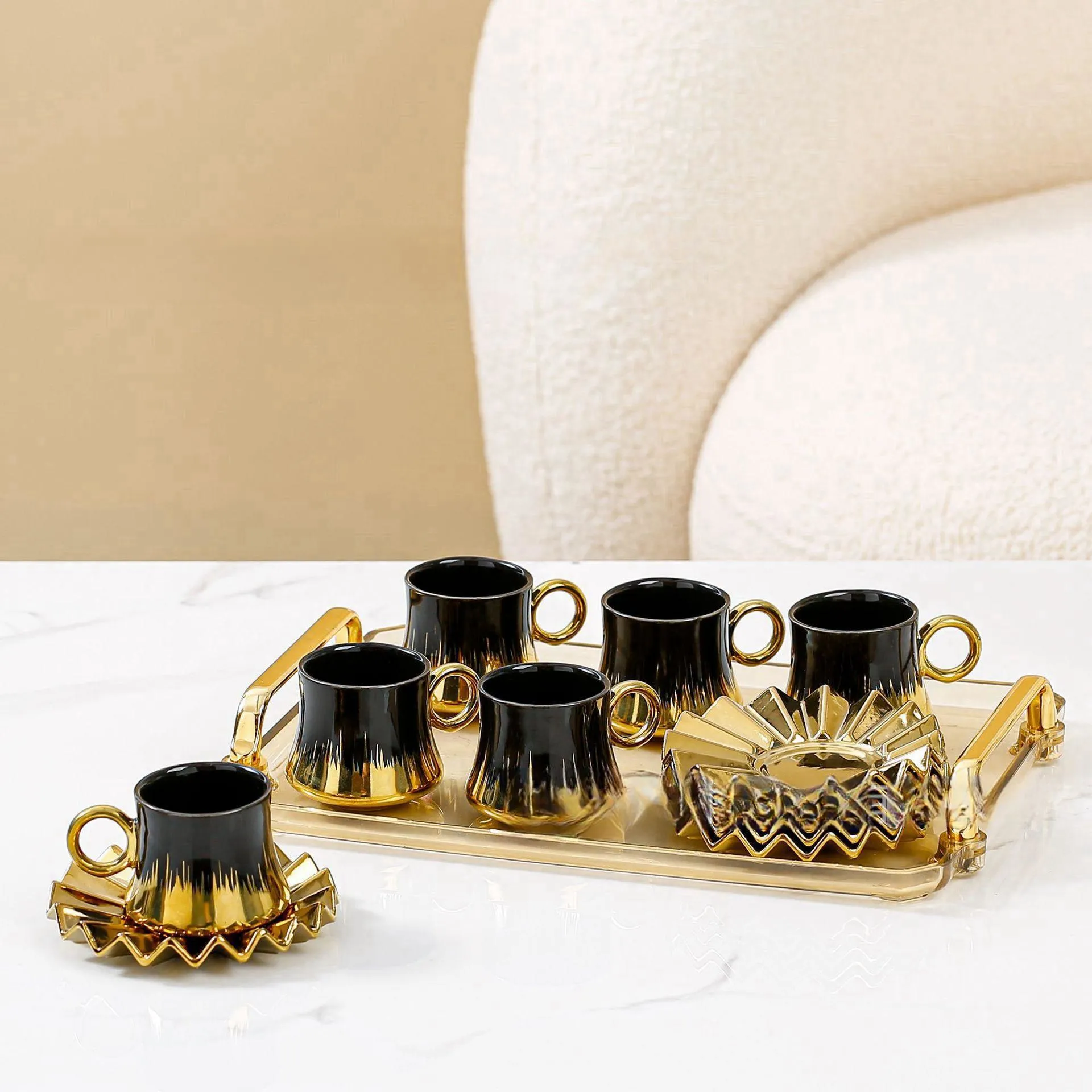 Porcelana espresso copo set design árabe matcha chá conjunto bule 6Pcs 90Ml espresso cerâmica reutilizável copos de café com Pires Set