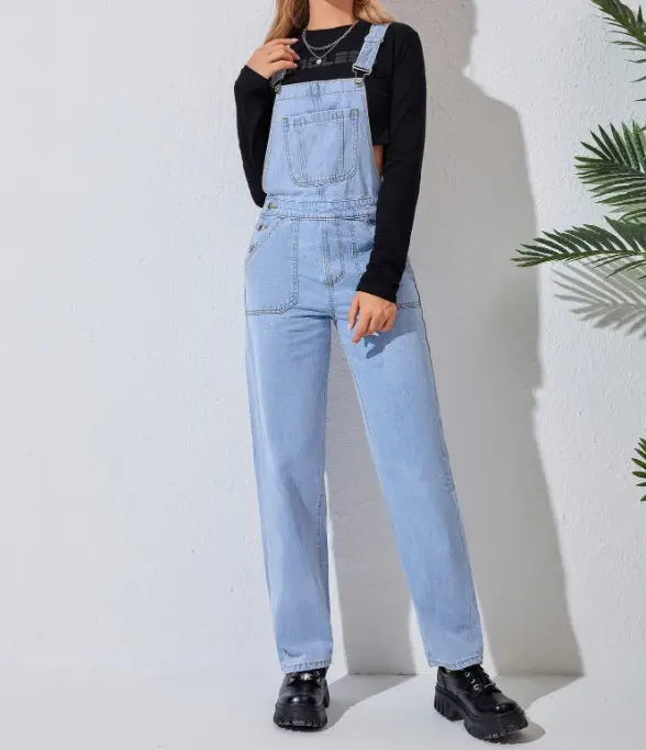 Penjualan Laris Overall Jeans Denim Wanita Celana Kaki Lebar Kasual Longgar Celana Denim Overall Jalanan