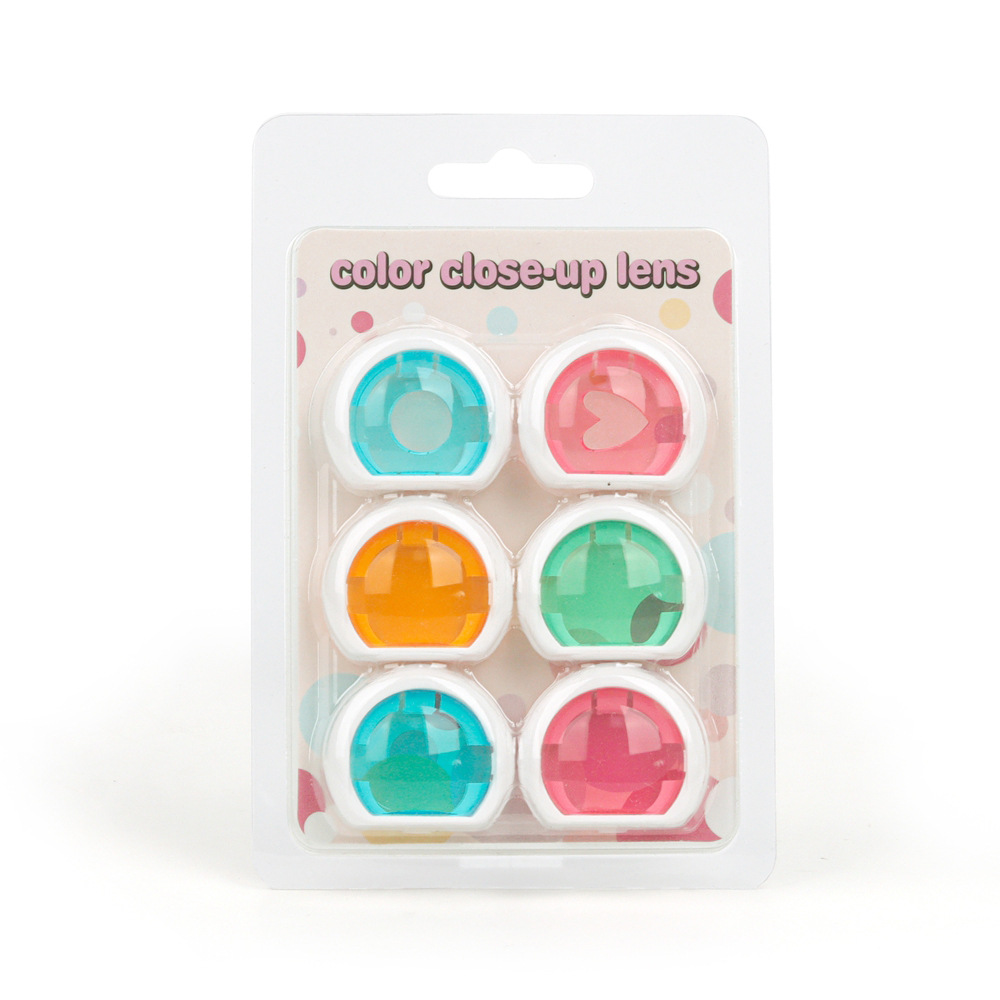 Ensemble de six filtres couleur gelée à bordure blanche.