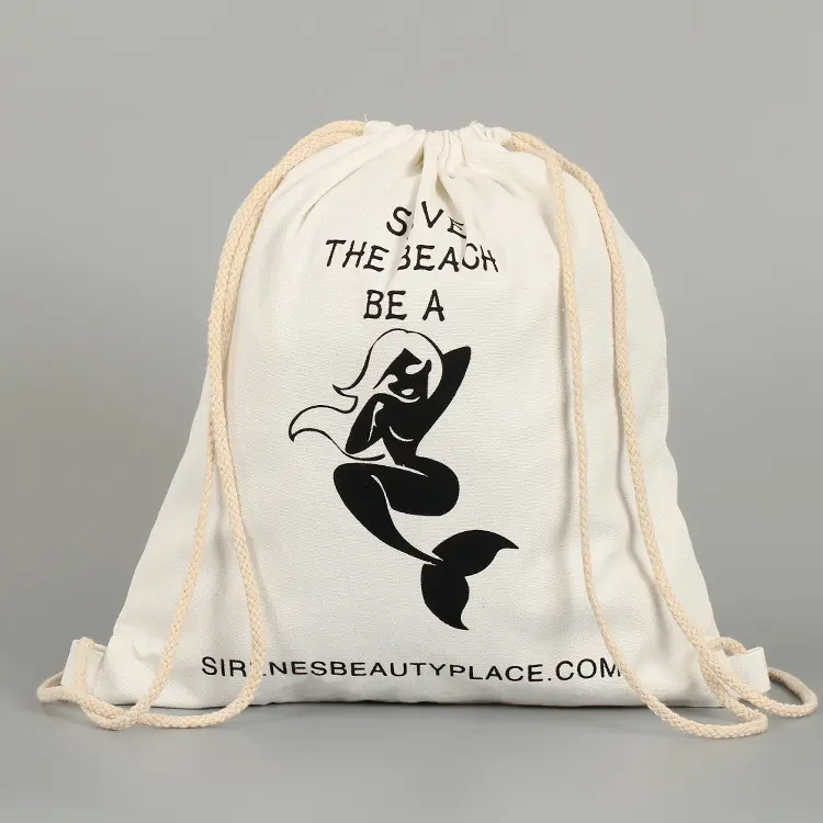 Logotipo personalizado cor natural lona algodão saco mochila dupla corda sapato poeira cordão saco
