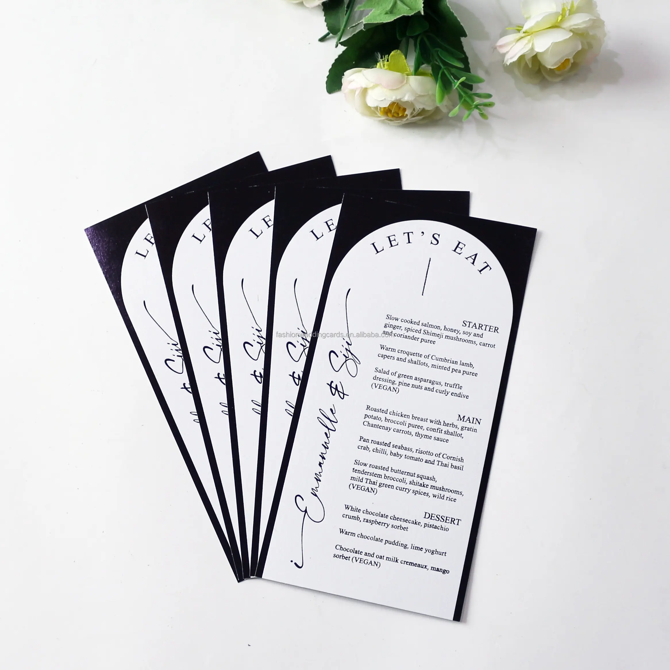 Tarjetas de menú de papel de aluminio blanco y negro minimalistas modernas Ideas de bricolaje cena de fiesta de boda bebidas menús de papel