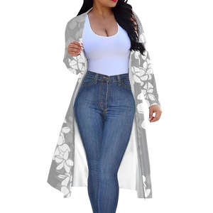 No MOQ Design di lusso <span class=keywords><strong>grigio</strong></span> Puakenikeni Elei modello hawaiano stile tropicale Casual Cardigan a maniche lunghe da donna Trench - Product Image 5