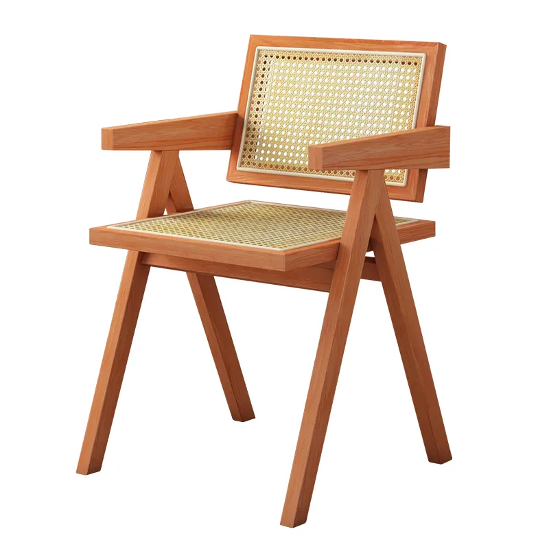 Venta al por mayor de muebles modernos para exteriores, reposabrazos para restaurante, silla de comedor de caña de ratán, silla tejida nórdica de madera maciza de ratán