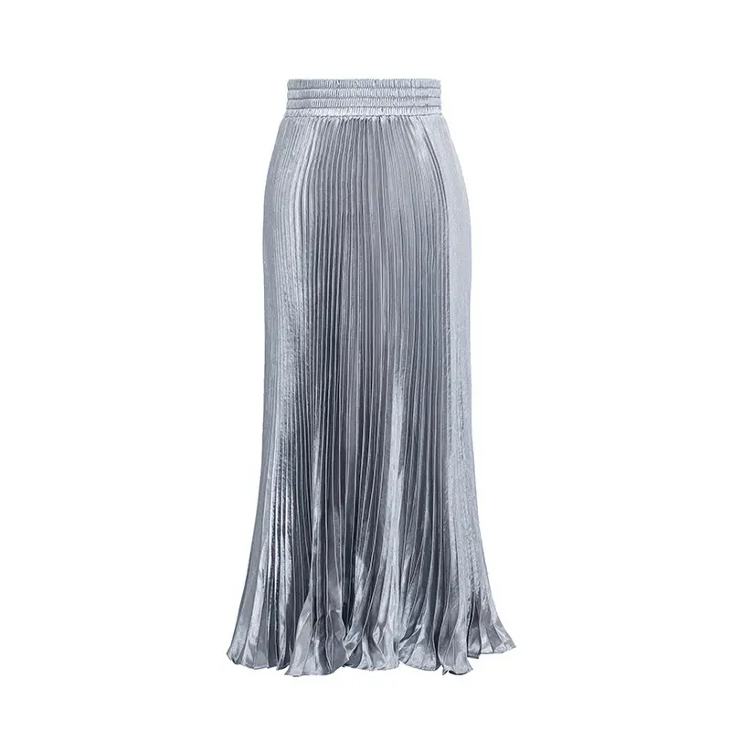 2023 Latest Women Skirts Spring Summer Printed Metallic Color Long Pleated Skirt Mermaid Satin Maxi Skirt