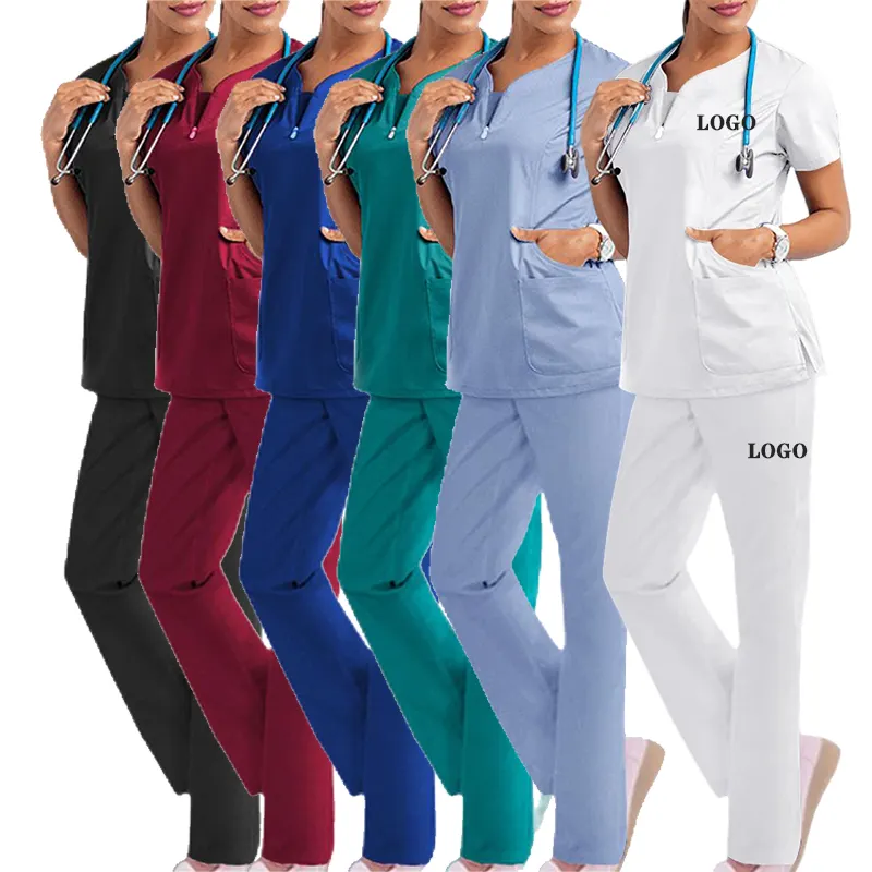클리닉 유니폼 2023 지퍼 화이트 퍼플 네이비 유니폼 의료 스크럽 탑 셔츠 저렴한 넓은 다리 간호사 스크럽 유니폼