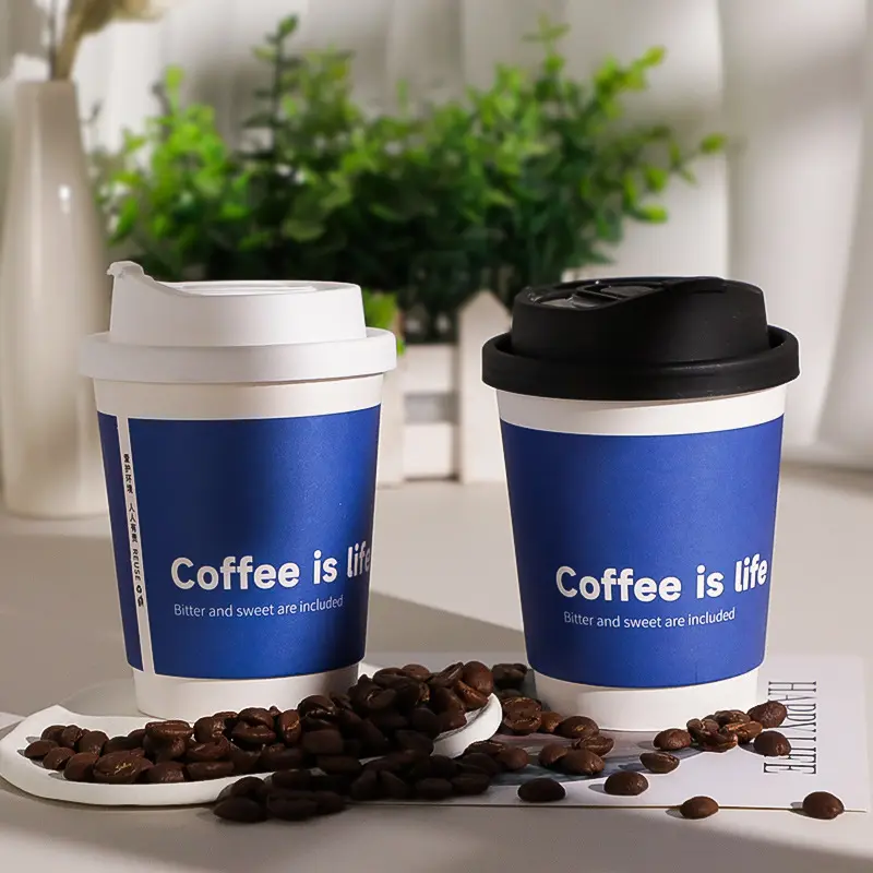 Copos de papel personalizados para café, copos descartáveis de parede dupla com tampa, copos de café expresso, copos grossos para chá e leite, copos de papel para café