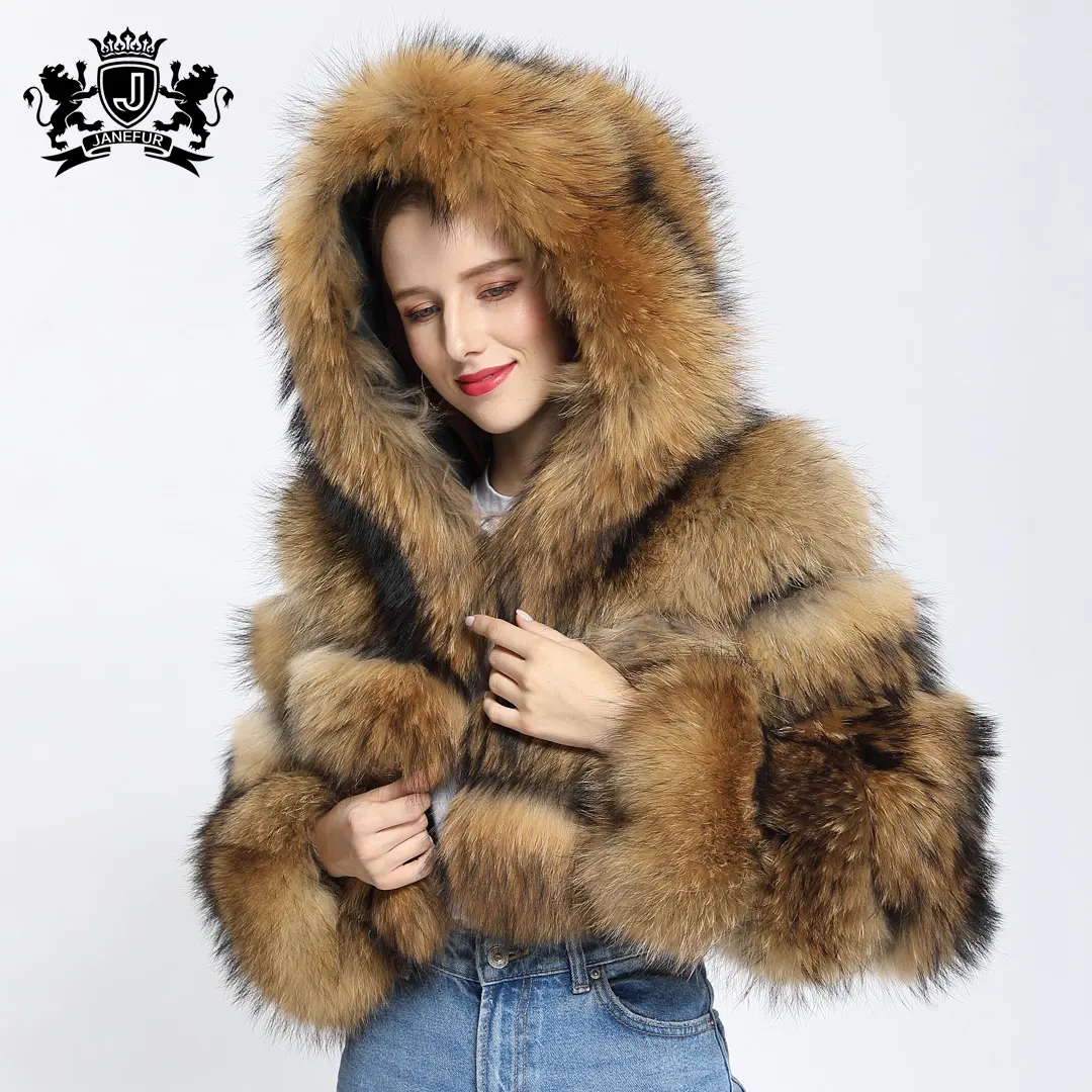 Kış yumuşak sıcak rakun kürk ceket bayanlar uzun kollu doğal kürk ceket kapşonlu kısa stil gerçek kürk kadın