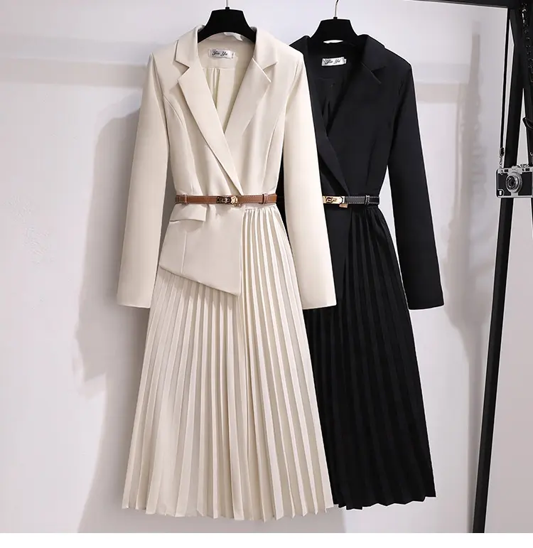 OUDINA French Women's Clothing Elegant Plus Size Casual Pleated With Belt Long Dresses Blazer Dress For Women
