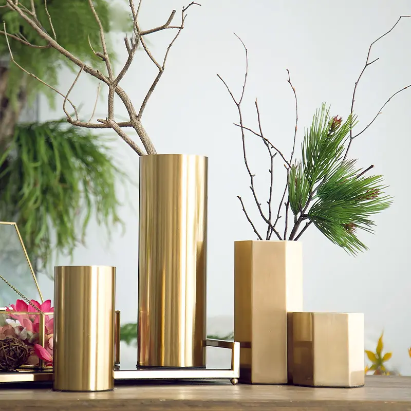 Tabletop Metal Vaso Alto Ferro Decorativo Vaso para Flor Verde Plantas Luxo Americano Galvanizado Golden Iron Vase Home Decor