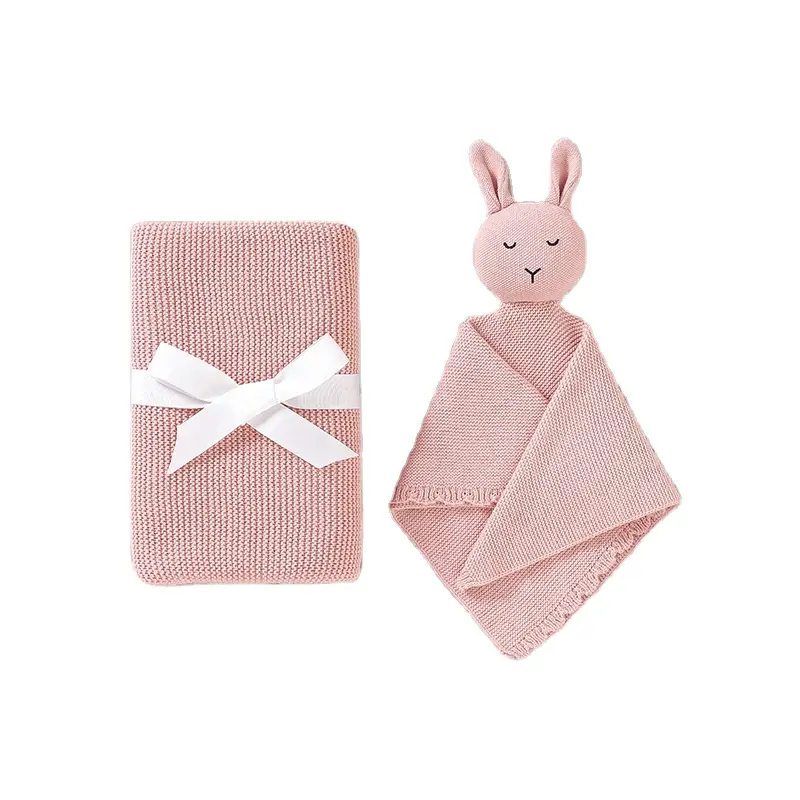 China Wholesale Supplier Knit Crochet New born Baby Blanket and Bunny Toy comfort gift set handmade Boys Girls