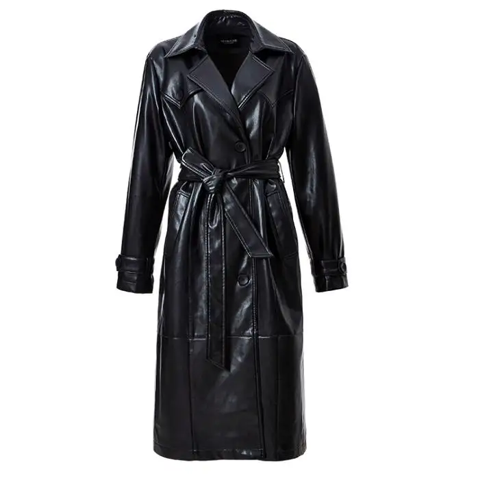 Runway lover E1324 Winter schwarzer Mantel Pu Leder Trenchcoat