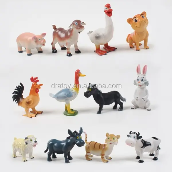 Venta al por mayor de diversos estilos de PVC, pequeños dibujos animados de animales de granja, juguetes para niños, minifiguritas decorativas de plástico a granel baratas