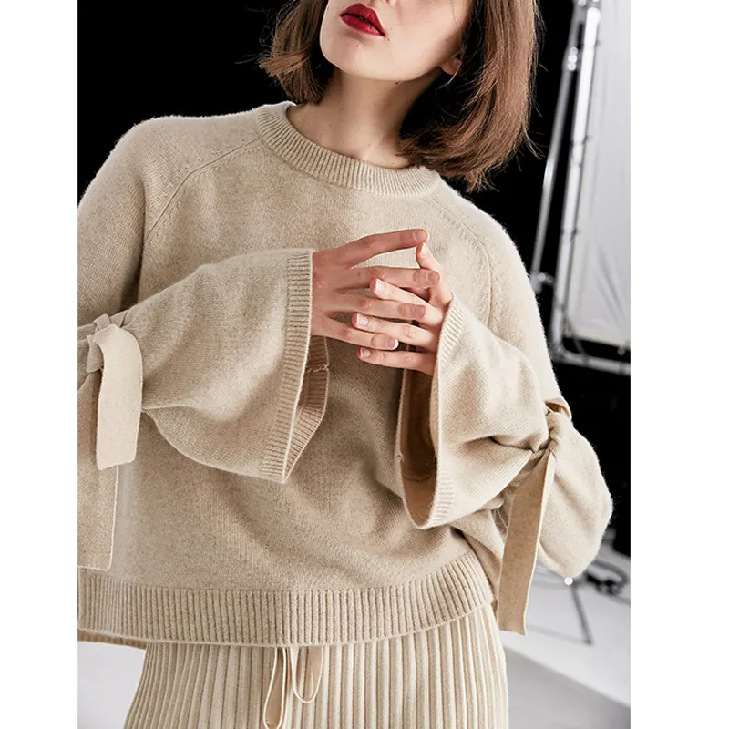 Thiết Kế Mới Cô Gái Đan Dài Tay Áo Cashmere Crew Cổ Áo Len Womens