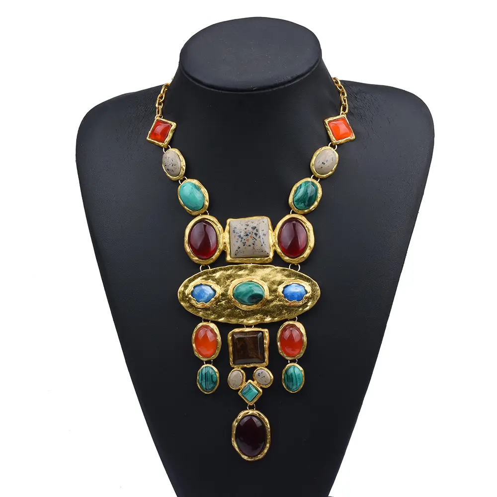 Designer Geometric Colorful Gem Stone Gold Plated Statement Indian Jewelry Accessories Gemstone Long Bib Necklace For Women