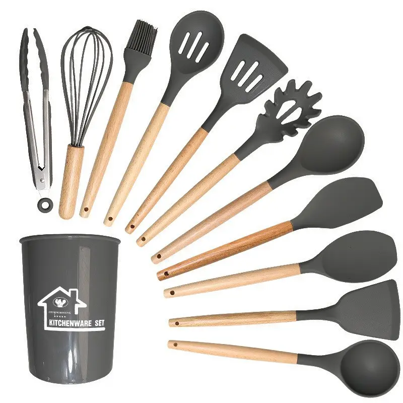 11 шт. антипригарная термостойкая Пищевая силиконовая посуда, набор шпателей с деревянной ручкой, кухонные инструменты для приготовления пищи