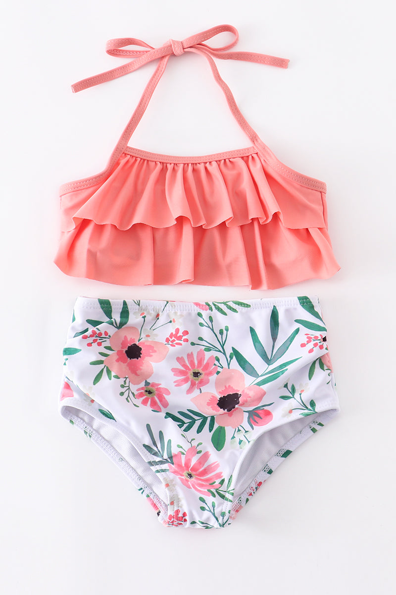 COSTUMI DA BAGNO 2 PEZZI CON VOLANT FLOREALE ROSA