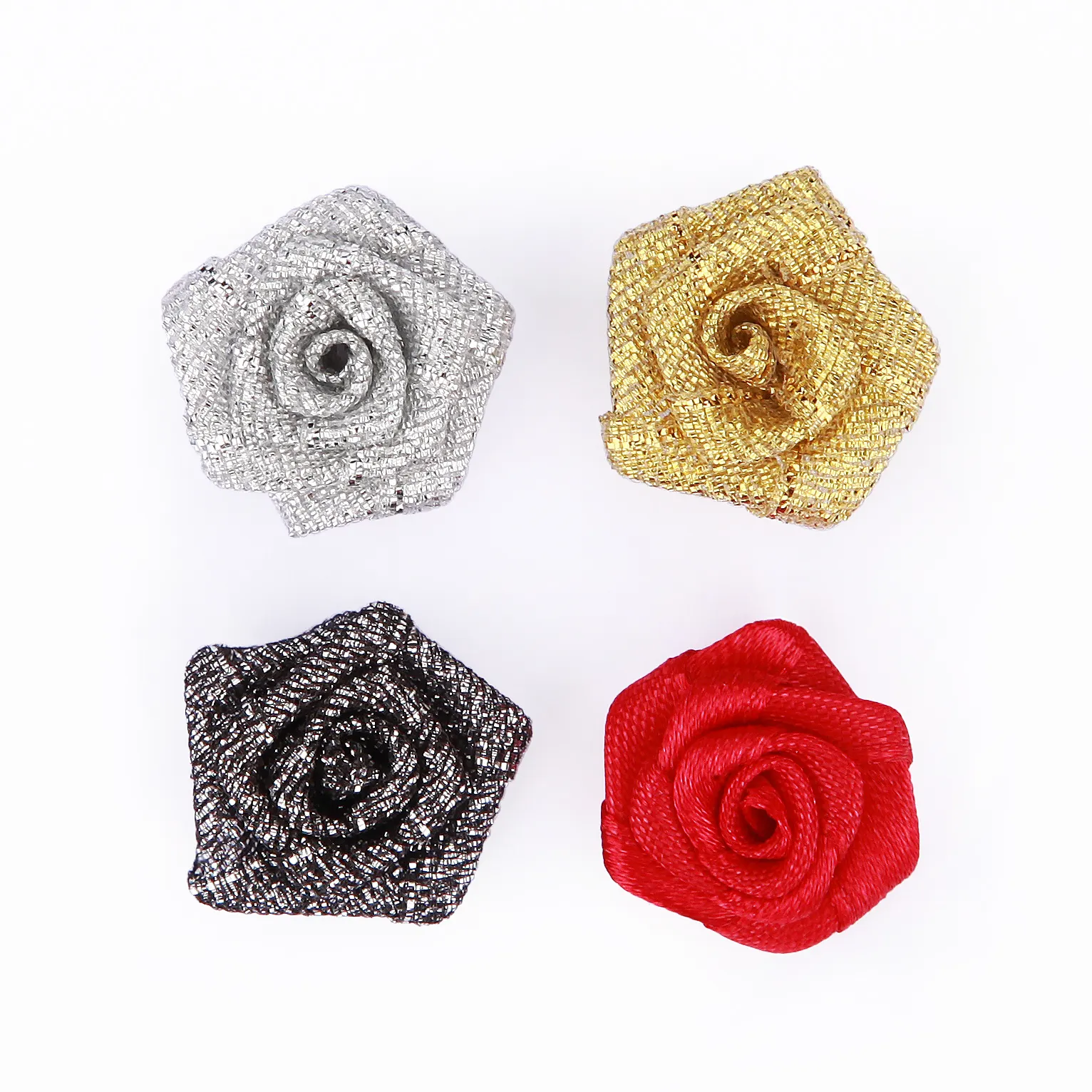 Mini fiori di nastro 15mm all'ingrosso personalizzati per abiti in argento dorato e piccole rose metalliche Decorative colorate