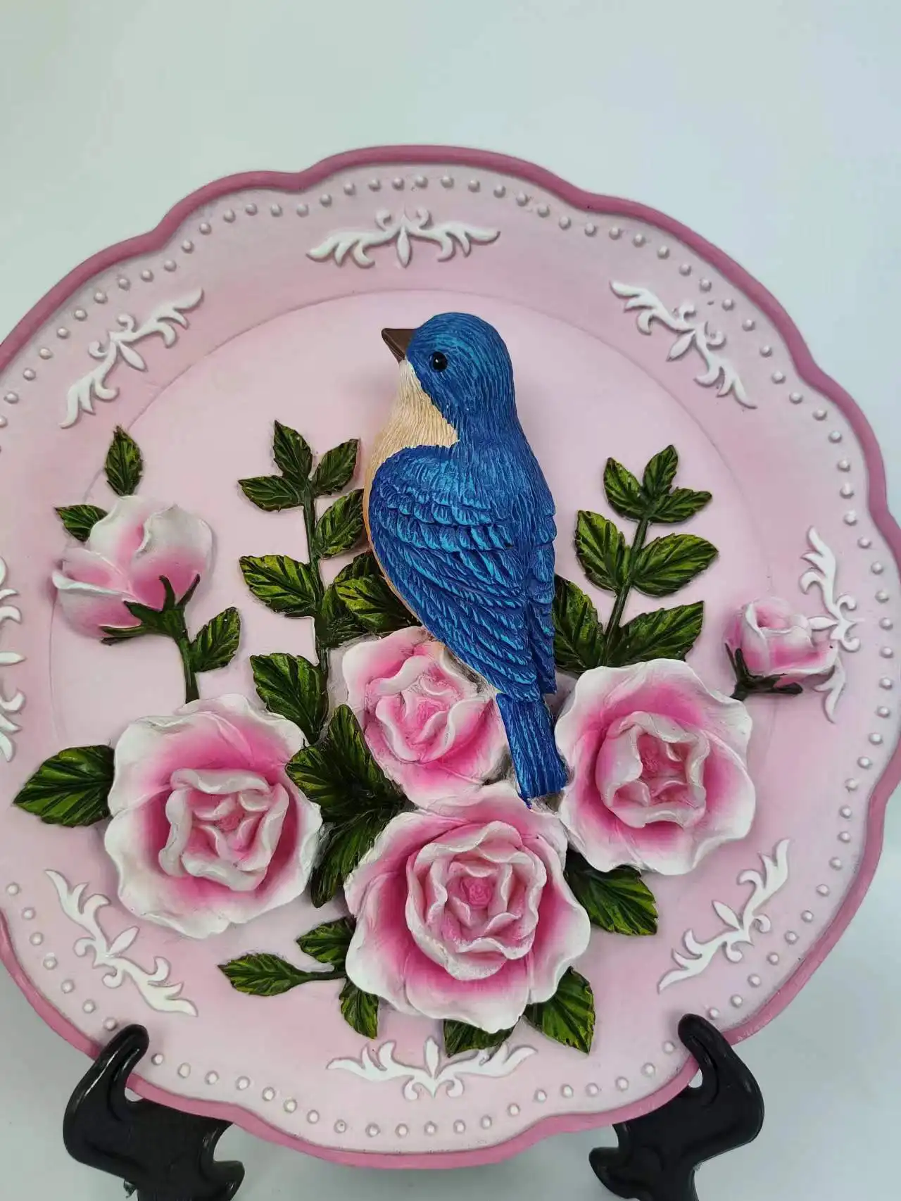 Creative High Quality Blue Bird Pink Flowers Plate with Stand for Home Table Gifts Decoration No Stand 