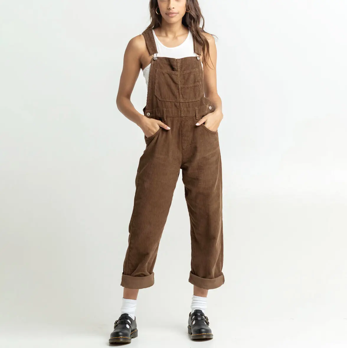 Pantalon de survêtement Cargo marron en velours côtelé pour femme, personnalisé, couleur unie, ample, décontracté, rétro, Baggy, à bretelles, salopette en coton, 2020