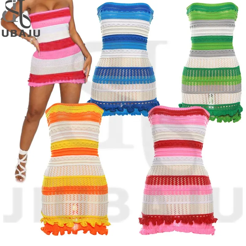 Panelled Striped Knitted Hollow Out Mini Dress Women Casual Wrapped Chest Sleeveless Bodycon Dresses