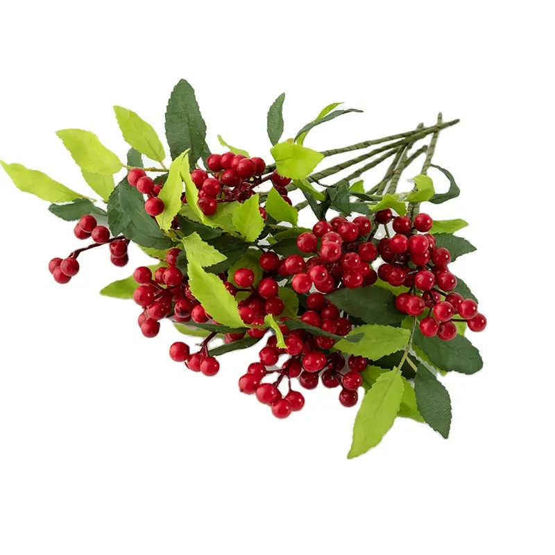 Fundo de parede simulação flor natal vermelho frutas decoração flor atacado artificial pequena holly fruta