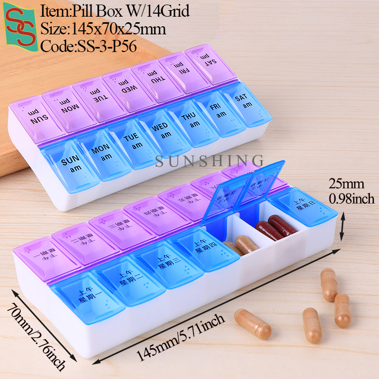 P56 Pilulier avec 14 compartiments Violet + Bleu