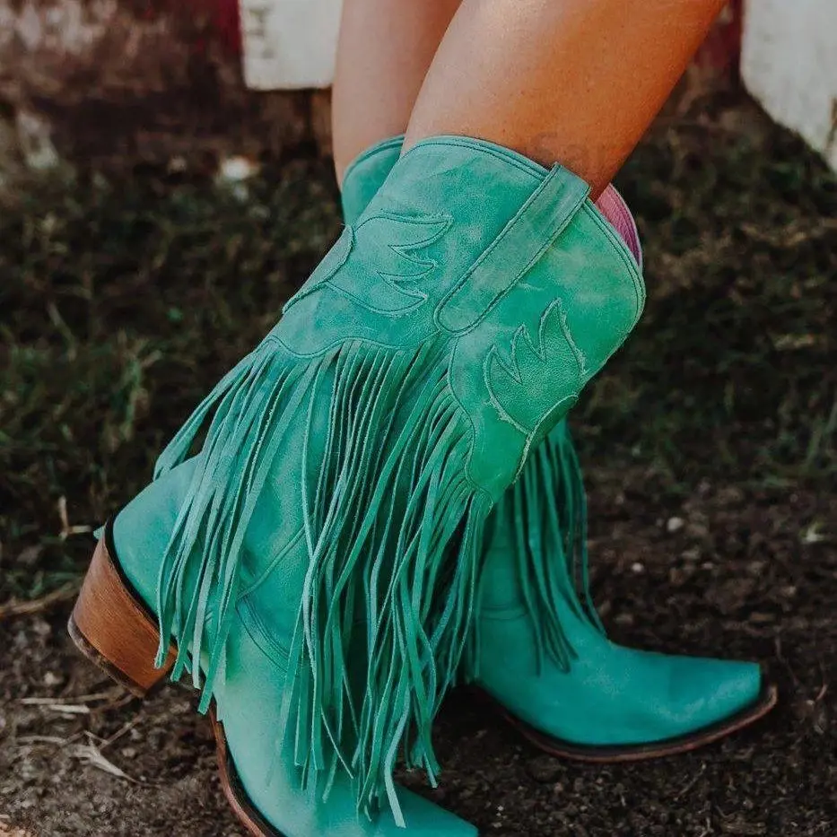 Botas de cowboy con flecos de cuero para mujer y niña, venta al por mayor