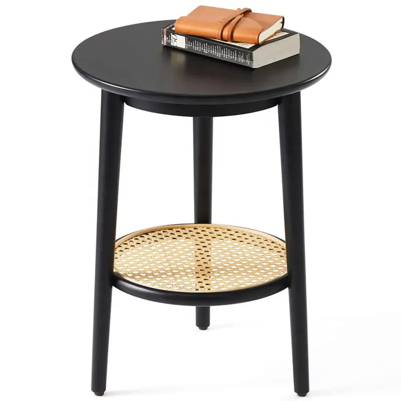 2層収納無垢材の足と籐を組み合わせた丸いコーヒーテーブル