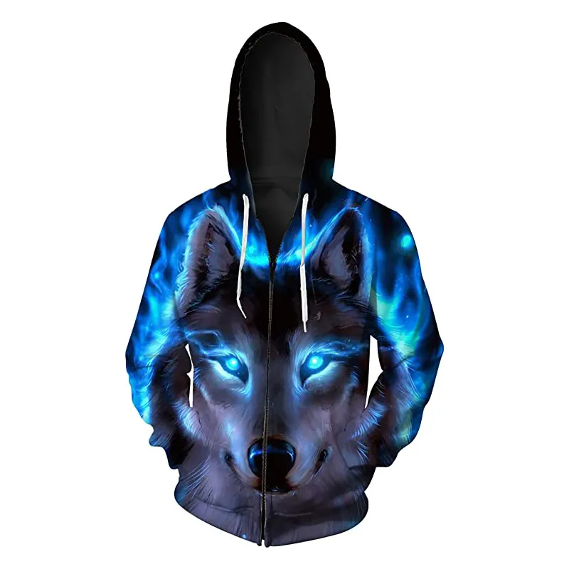 Wit-ta Design popolare all'ingrosso 100% cotone Full Zip felpe con cappuccio da uomo 3D Wolf Print giacca Casual Full Zip con cappuccio felpe con cappuccio