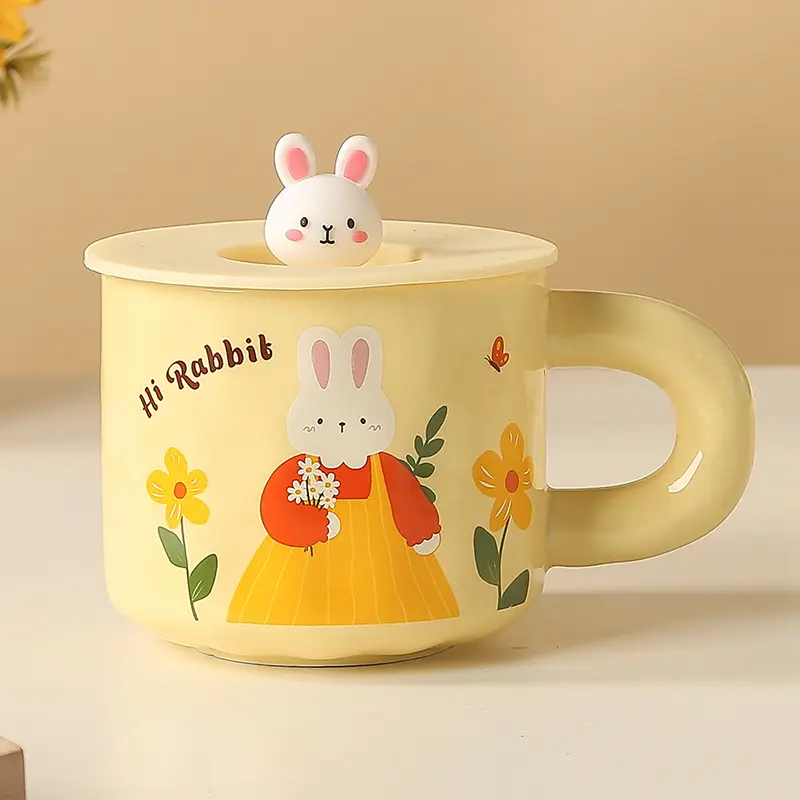 Creative Cute Cartoon Rabbit Ceramic Cup with Lid Handgrip Shape