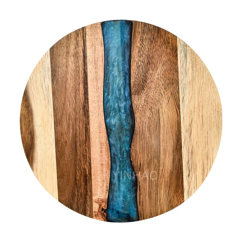 Tabla de cortar de madera y resina epoxi de gran venta con tabla de cortar de resina y madera de acacia de Río de resina de cristal azul