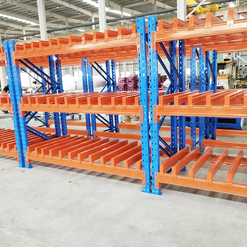 Estante pesado para almacén, resistente al impacto, con gran capacidad de rodamiento, color azul y naranja