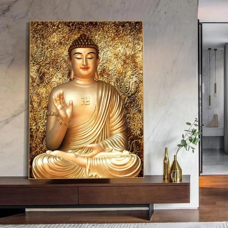 Póster de lienzo impreso con estatua de Buda dorado moderno para decoración para sala de estar, cuadro de pared para el hogar