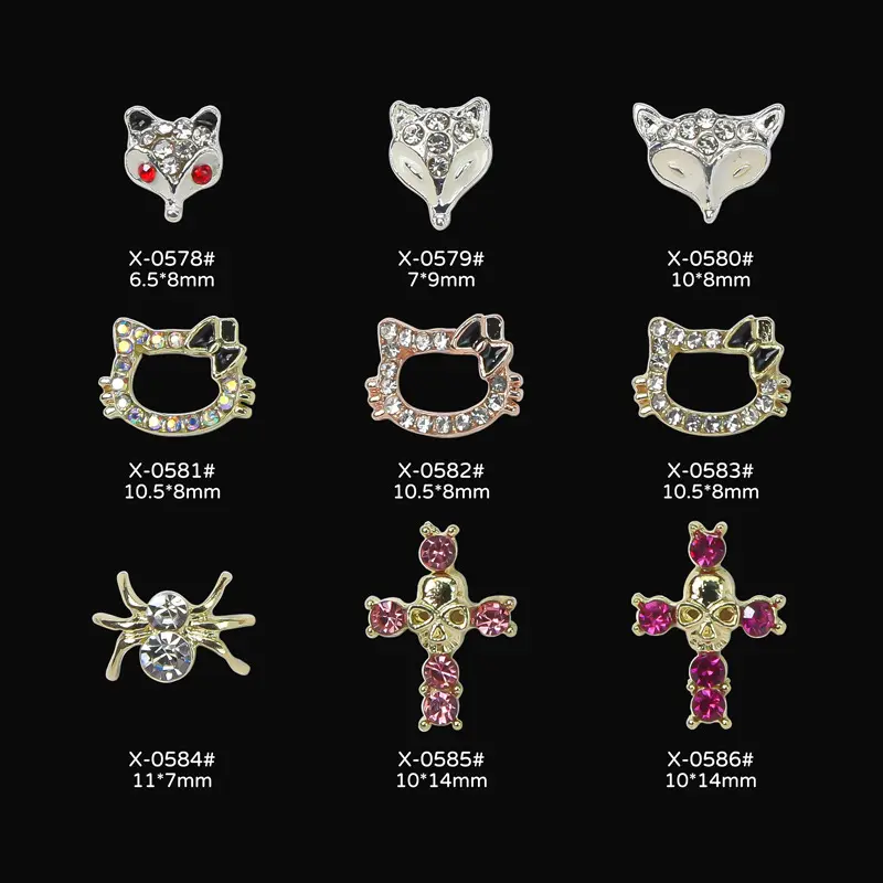 Neuer Schmuck Gold Silber Cat Fox Spider Cross Metall beschichtung Nail Art Zircon Charms Nagel dekoration