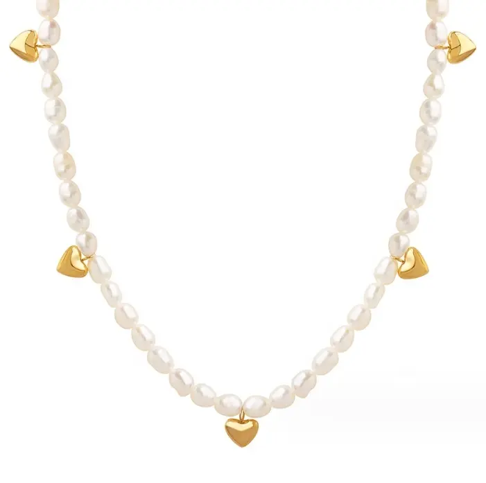 Collana elegante e delicata con catena di perle 316L in acciaio inossidabile impermeabile minimalista con ciondolo a cuore barocco collana di perle