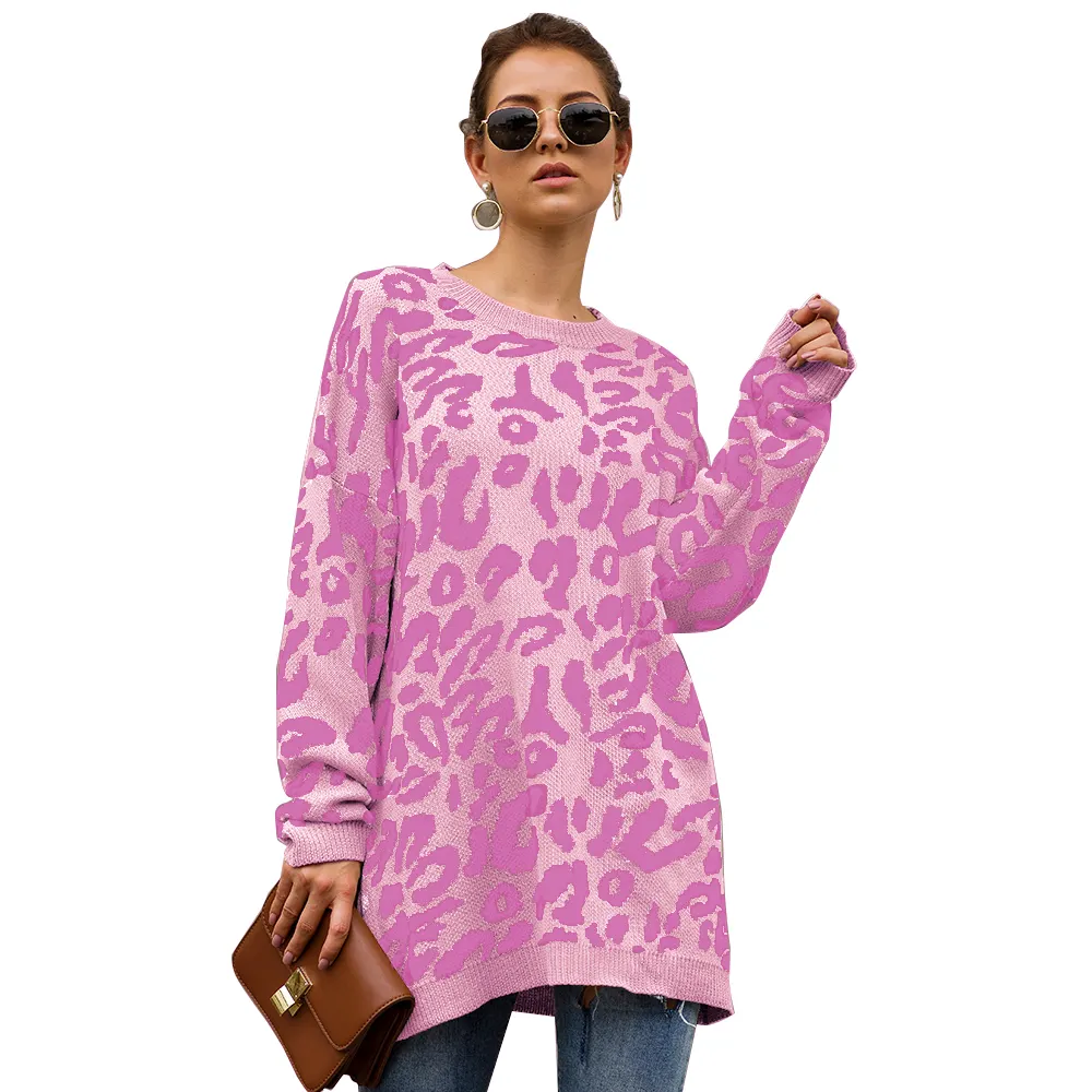 Moda férias camisolas Cardigan leopardo Natal rosa mulheres camisola manga comprida