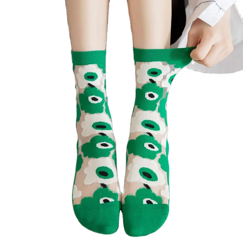 Funky Girl Strumpfwaren Crew Socken Streifen Dünne Seide Kurze Strümpfe Sommer Streetwear Zubehör Grüne Blume Design Low MOQ