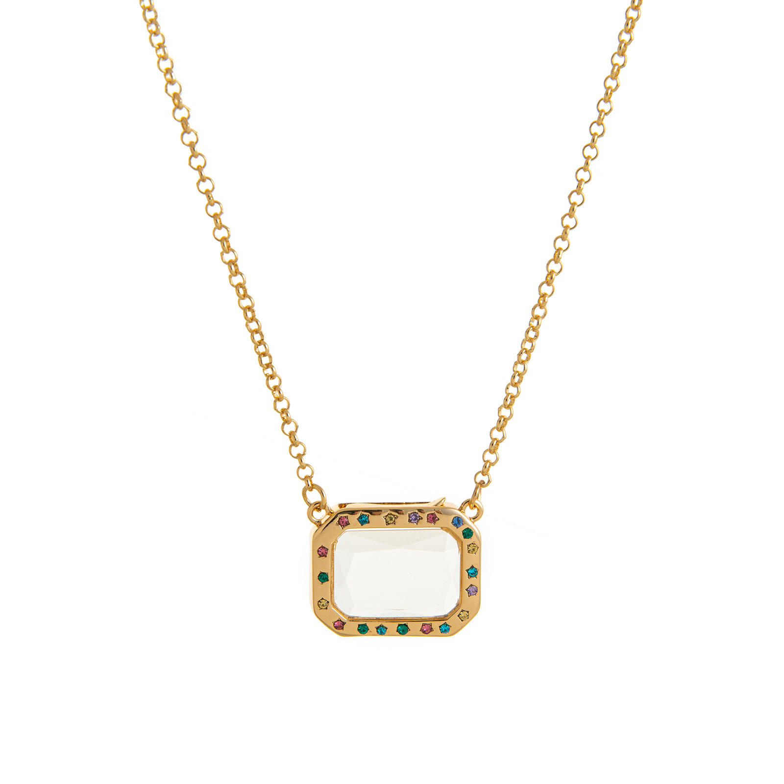 Collier boîte rectangulaire en verre coloré diamant