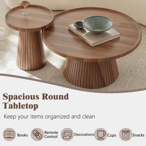 AJUNION Mid Century Modern <strong>Nesting</strong> Coffee <strong>Table</strong> Set Wood Grain Veneer Fluted Round Tea <strong>Table</strong> and <strong>End</strong> <strong>Table</strong> Set for Living Room - Product Image 5