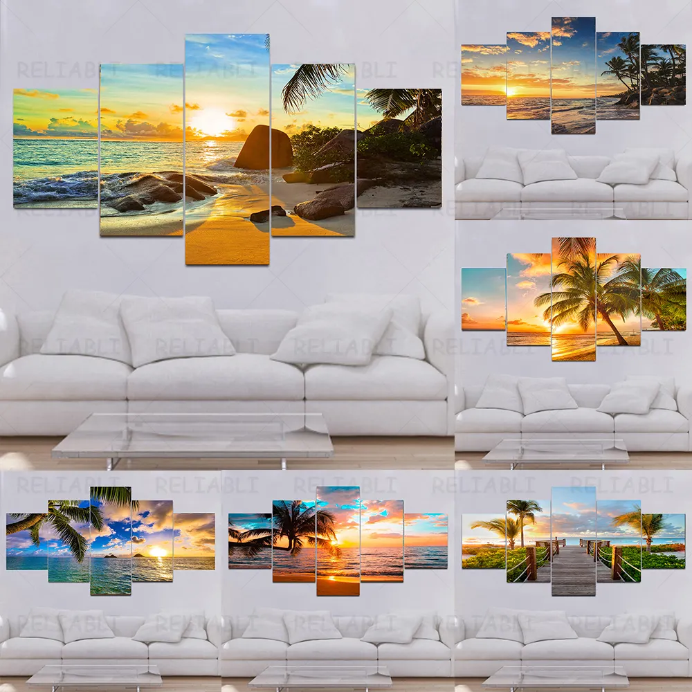 Современный домашний настенный художественный Декор HONGYA модульный холст картины маслом HD печать картина 5 панелей океан Закат пляж морской пейзаж постер